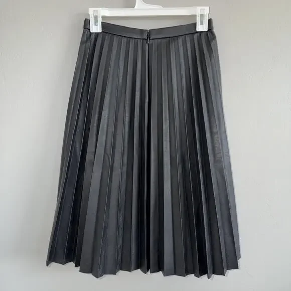 NWT J.Crew Women Black Faux Vegan Leather Pleated Knee Length Skirt Size 00 - Picture 3 of 10